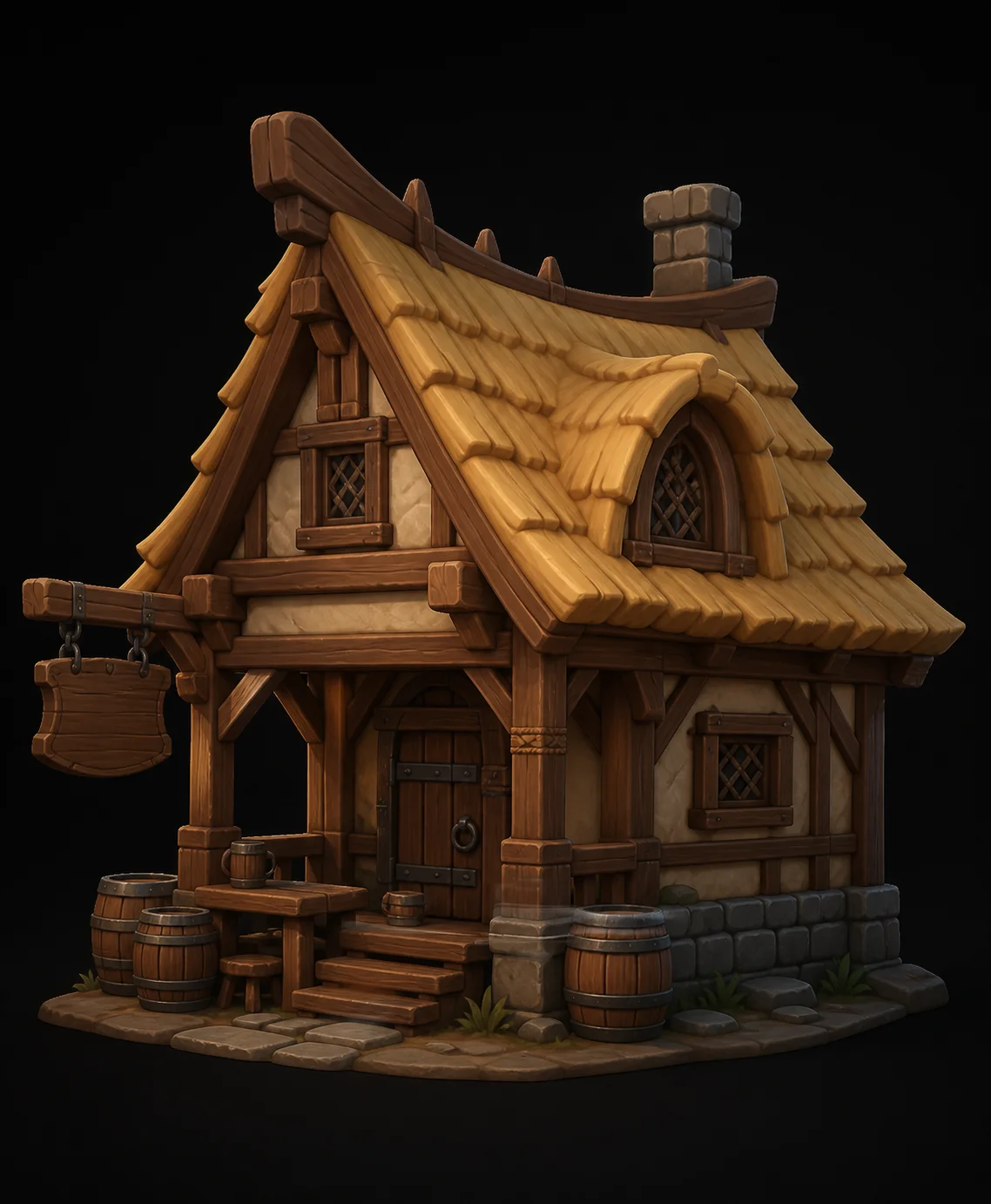 Modelo 3D de taberna medieval low poly con texturas PBR generado a partir de un prompt de texto a 3D