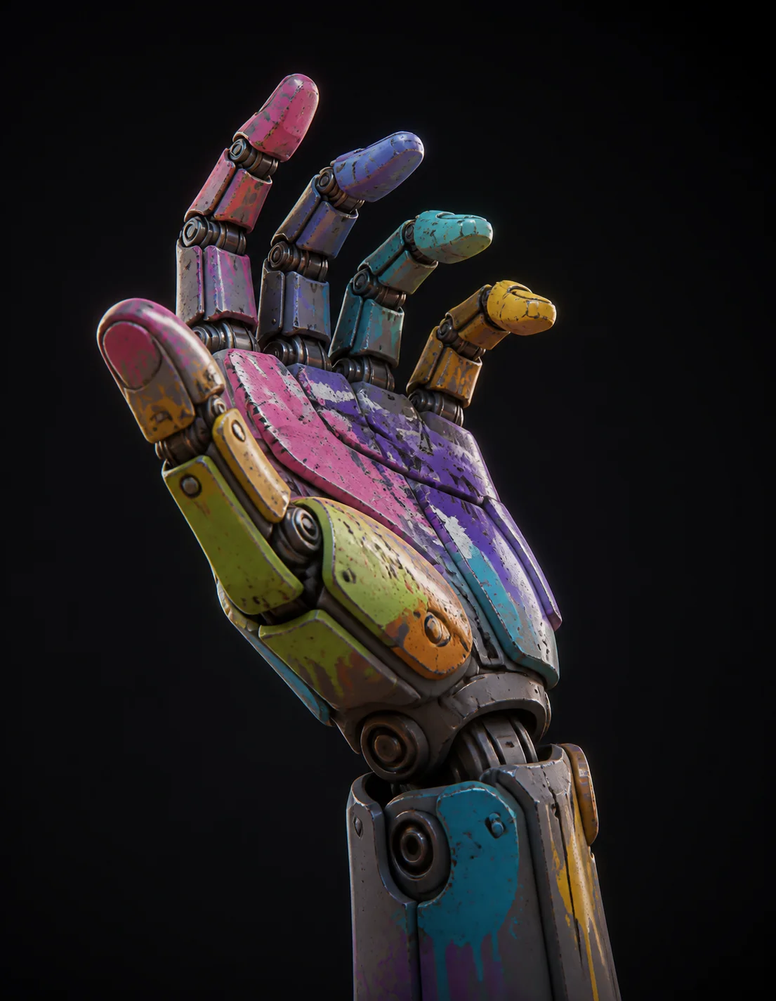 Modelo 3D de guantelete mecánico pintado con texturas PBR 4K hecho en un generador de modelos 3D con IA